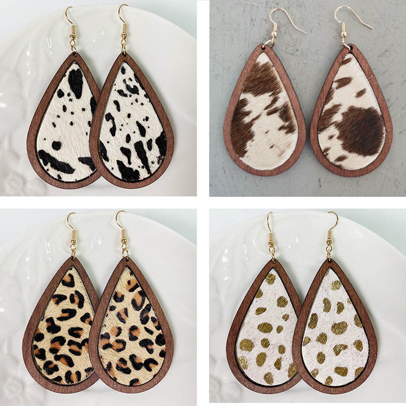 Leopard Horse Hair Cow Earrings a Grain Water Drop Wood Quality Jewelry Gift
