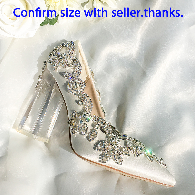 Wedding Shoes Bride Clear Heels Crystal Pumps Christmas Day Evening Party Luxury Queen Satin Silk 10cm Square Heel Plus Size 10 220328