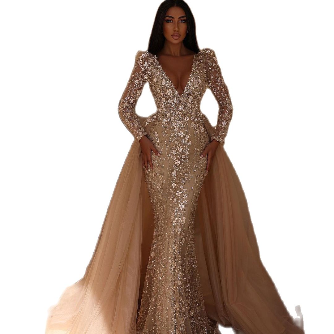 Champagne Mermaid Wedding Dresses Long Sleeve Gorgeous Sequins Beads Deep V Neck Elegant Lace Wedding Gown Sweep Detachable Train Plus Size Ball Gown 
