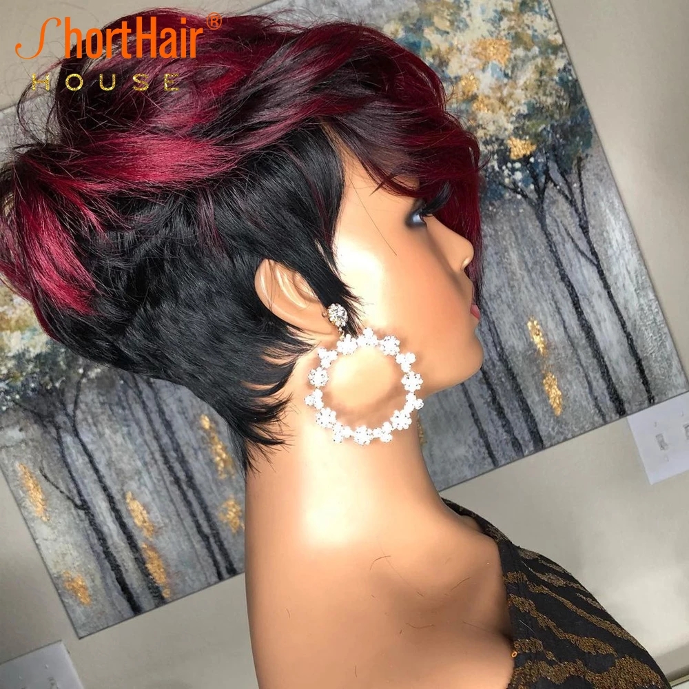 

Ombre Burgundy Red Short Pixie Cut Human hair Wig Natural Wavy Wigs With Bangs Brazilian Remy Hair For Black Women Full Machine Made, Customize