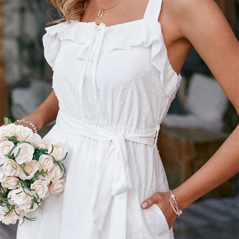 Cotton a-line straps lace up summer dress women White ruffle high waist long dress Square collar green pink vestido 220511