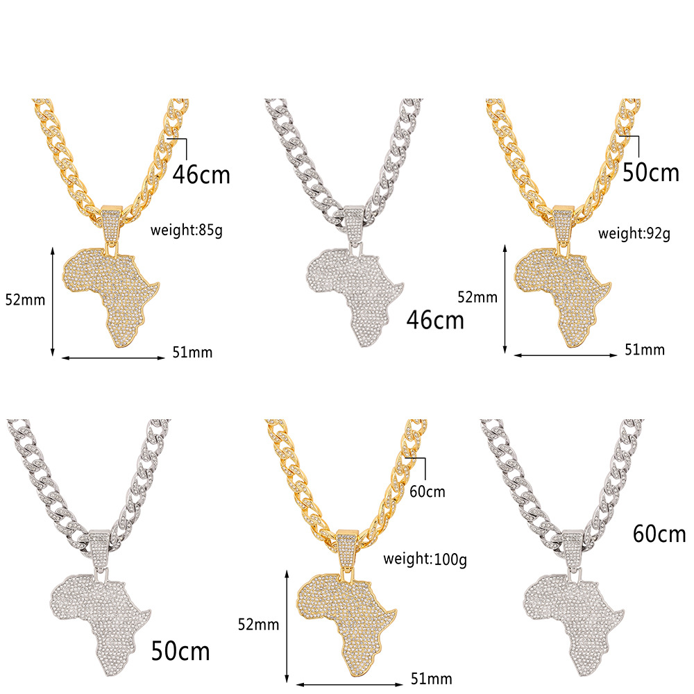 Iced Out Chain Big African Map Pendant Necklaces Men's Hip Hop Gold Color Cuban Link Chain Necklace for Men Male Gemstone Miami Rapper Wolf Tide 