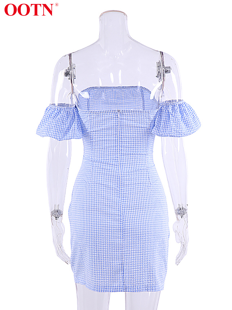 OOTN Blue White Plaid Backless Summer Dress Women High Waist Lace Up Off Shoulder Bodycon Dress Sexy Beach Short Sundress Female 220511