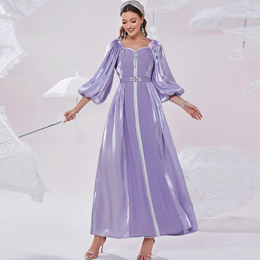 Fancy Lilac Butterfly Arabic Evening Dress Dubai Abaya Elegant A Line Puff Sleeve Prom Dresses Glitter Quicksand Muslim Dress Formal Special Occasion 