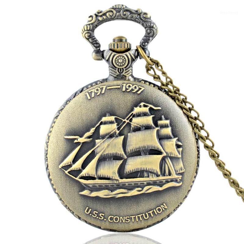 

Pocket Watches Steampunk Full Quartz Engraved Fob Retro Pendant Watch Chain Gift USS Constitution Theme, As pic