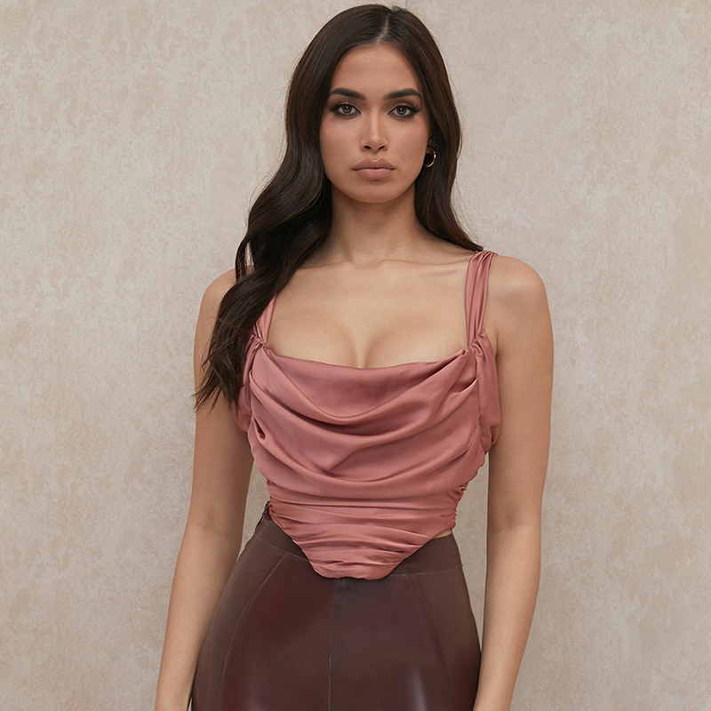 Karlofea Spring Summer Fashion Clothes For Women Sexy Tank Pink Cute Boned Bustier Outifts Draped Cowl y2k Corset Crop Top 220316