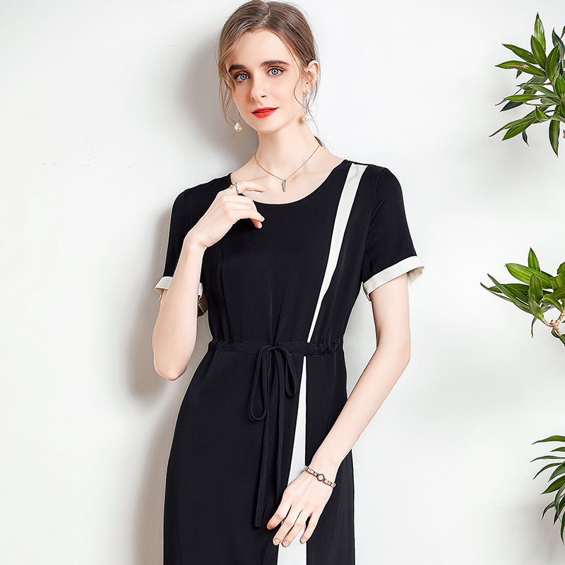 92.3% Heavy Silk 7.7% Spandex Women's Dress O Neck Short Sleeves Lace Up Color Block Elegant Fashion Runway Dresses