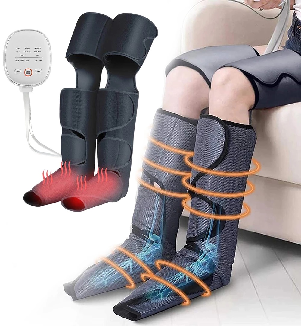 Electric Air Compression Leg Massager Pneumatic Foot and Calf Heated Air Wraps Handheld Controller Muscle Relax Pain Relief