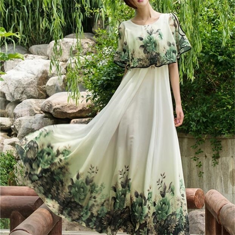 High Quality Summer New Arrival Elegant Round Collar off Shoulder Flower Printed Flare Sleeve Women Chiffon Long Dress T200603