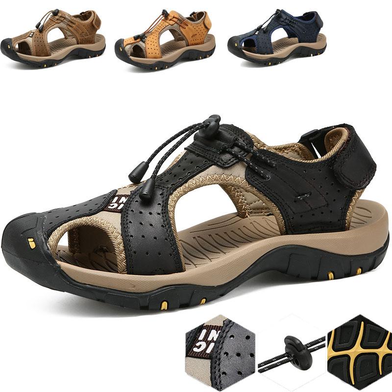 Sandals Top Layer Cowhide Men's Shoes Summer Large Size Fashion Beach Mountaineering 38-48Sandals, Black