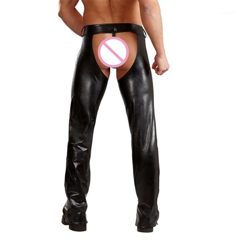 Men's Pants Sexy Mens Trousers Open Crotch PU Leather Latex Loose Long Thongs Fitness Clubwear Gay Wetlook Jogger PantsMen's