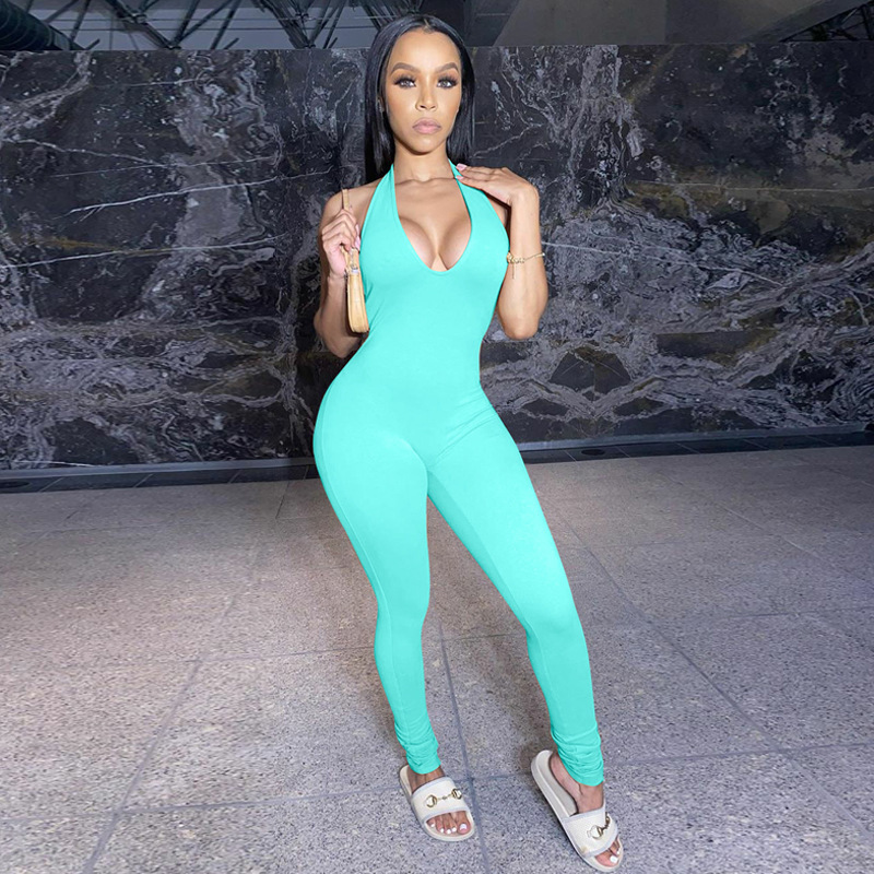 Halter Backless Sexy Jumpsuit Trousers Long Pants Bodycon Elegant Summer Women Fitness Clothes Party Streetwear 220429