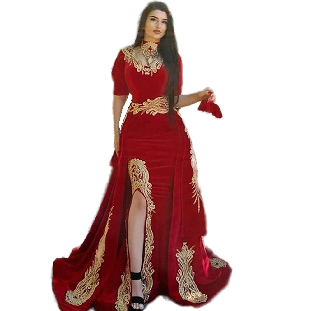 Modern Moroccan Caftan Red Velvet Evening Dresses With Detachable Skirt Side Slit Arabic Dubai Kaftan Celebrity Party Formal Gowns 2022 Women Special 