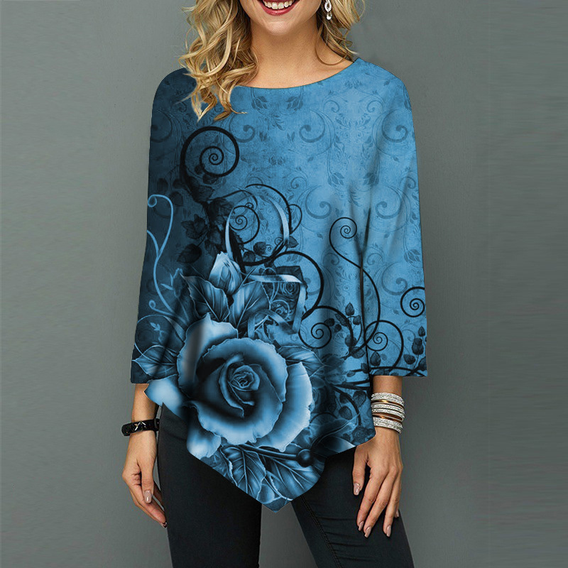 Autumn Women's Clothing Fashion Printed 3/4 Sleeve Tee Shirts Casual Elegant Plus Size T Shirt Femme Tunic Ladies Tops 220321