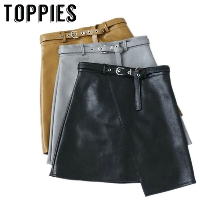 Winter Women PU Leather Irregular Skirt With Belt High Waist Slim Faux Leather Skirts Feminina Vestidos 210306