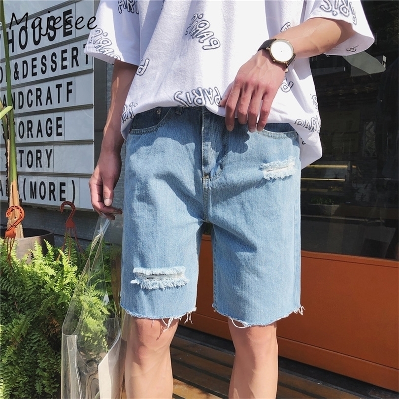 Harajuku Summer Men Casual Shorts Denim Mens Short Hole Straight Loose Thin Button Pocket Fashion Male Korean Style New Trendy T200512