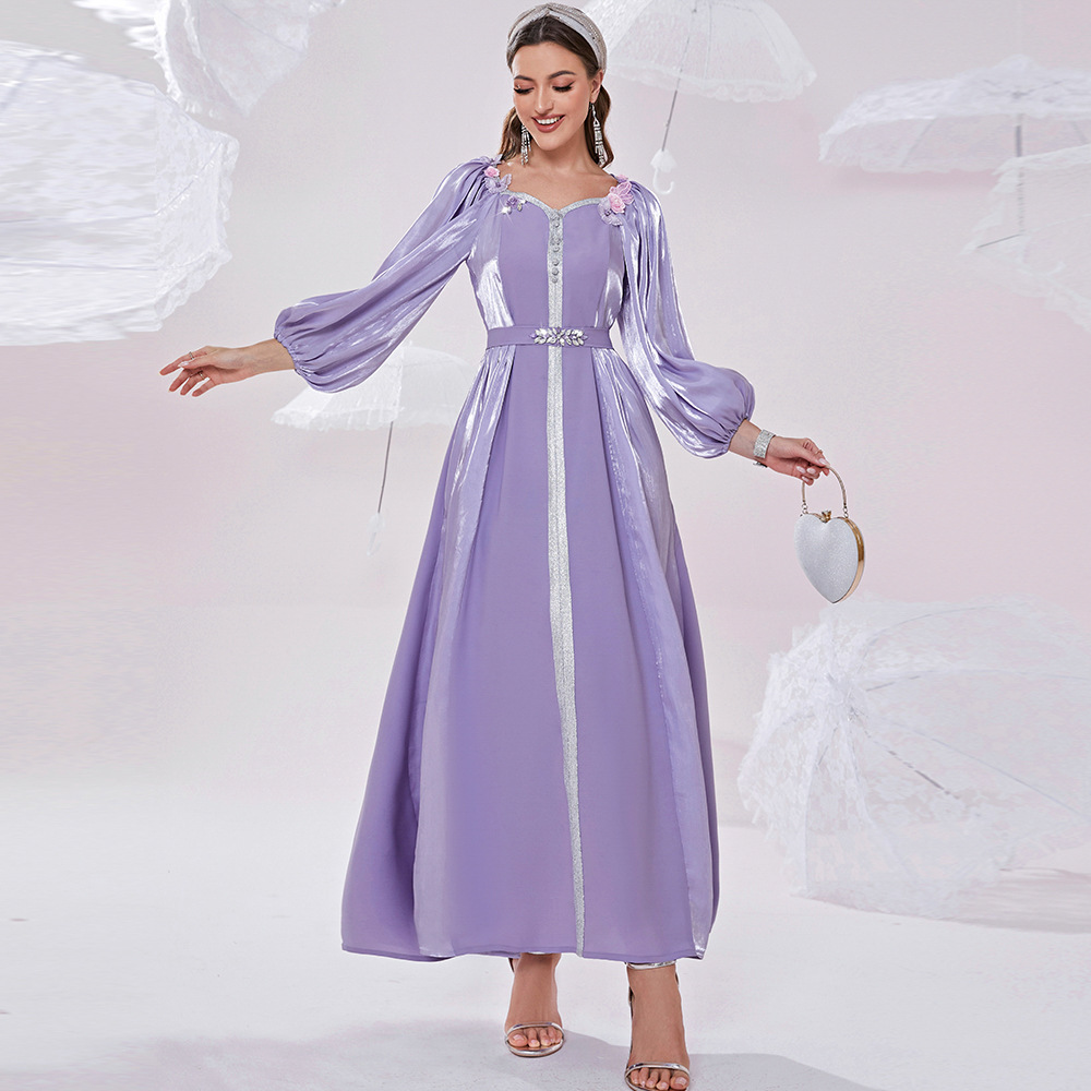Fancy Lilac Butterfly Arabic Evening Dress Dubai Abaya Elegant A Line Puff Sleeve Prom Dresses Glitter Quicksand Muslim Dress Formal Special Occasion 