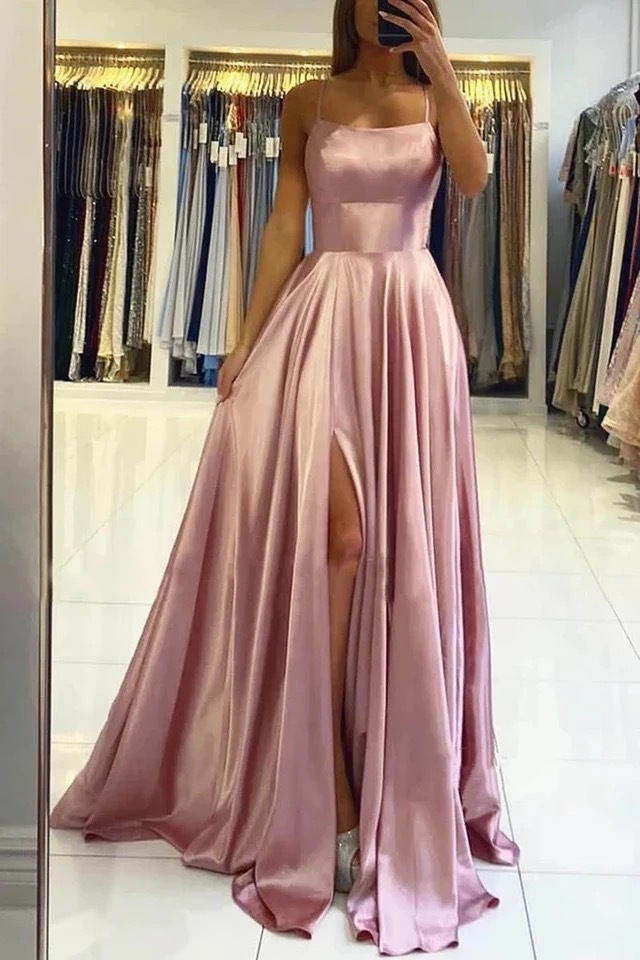 Satin Dresses Evening Dress prom party Robe De Formal Dress simple Spaghetti Sexy Slit