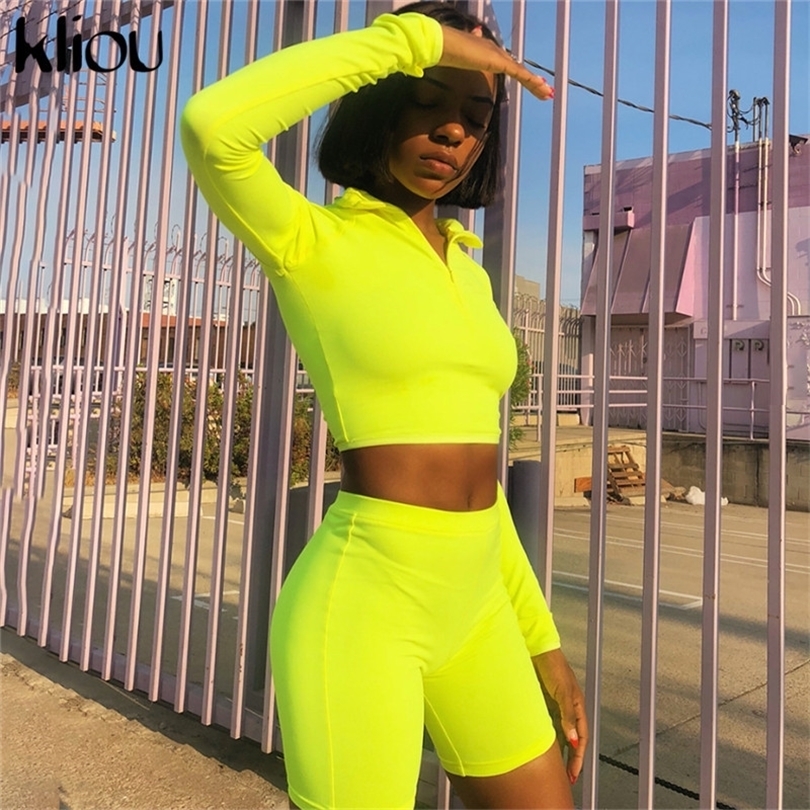 Kliou New Female Fluorescence Fitness Two Pieces Sets 2018 Autumn Full Sleeve Zipper Turtleneck Tops And High Waist Shorts Suits D18103105