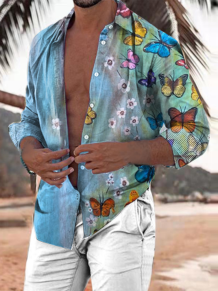 Spring Autumn Vintage Pattern Printed Shirt For Men Casual Loose Long Sleeve Shirts Mens Fashion Buttoned Lapel Tops Streetwear 220322