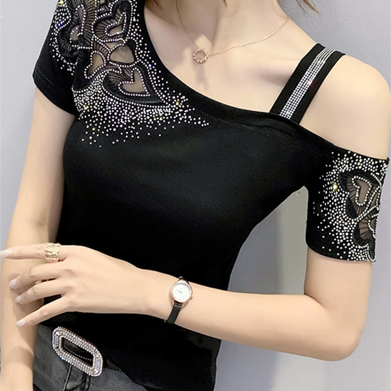 Summer Korean Style Cotton T-Shirt Chic Sexy Skew Collar Patchwork Mesh Love Shiny Diamonds Women Tops Short Sleeve Tees T16408A 220321