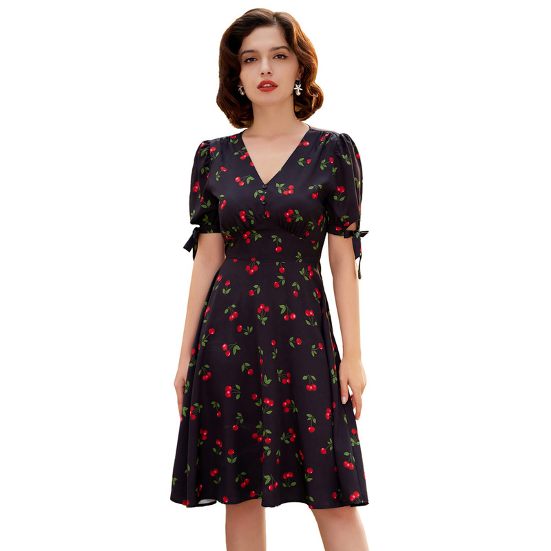 Belle Poque Women's Summer Floral Cherry Print A Line Short Midi Dress Sleeve V-Neck Flared A-Line Sundress A30 220504
