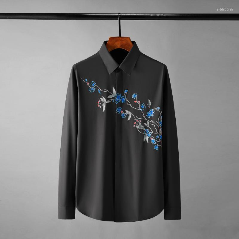 Men's Casual Shirts Minglu Rattan Leaf Printing Male Luxury Long Sleeve Solid Color Business Mens Slim Fit Party Man 4XLMen's Eldd22, White