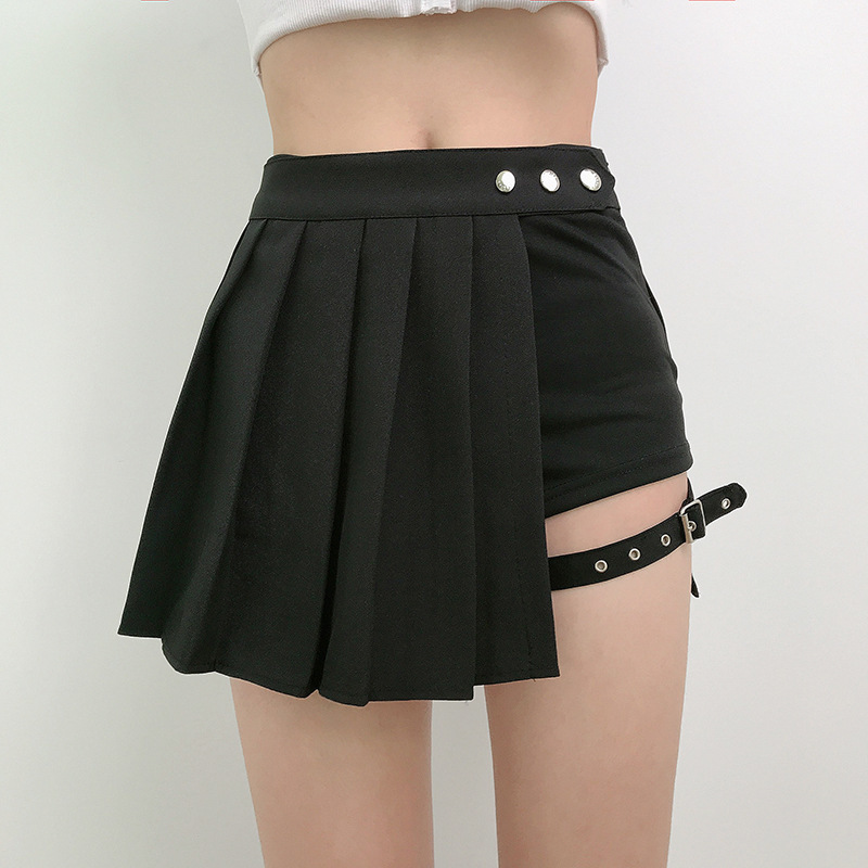 Pleated Girls Gothic Half Skirts Summer Harajuku Punk Style Plaid Irregular Skirts Women Asymmetrical High Waist Black Skirts 220701