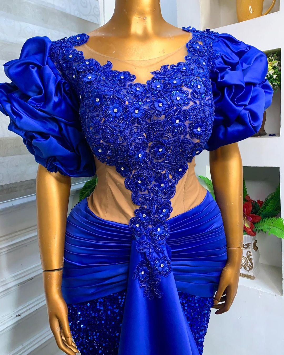 Royal Blue Stain Evening Dresses with Puffy Sleeve 2022 Lace Beaded Arabic Aso Ebi Mermaid Prom Formal Party Second Reception Birthday Engagement Gown