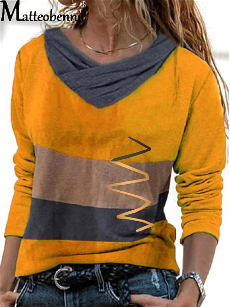 Women V Neck Contrast Color Irregular Stitching Stripes T Shirt Spring Autumn Long Sleeve Street Hipster Clothes Ladies Tee Tops 220714