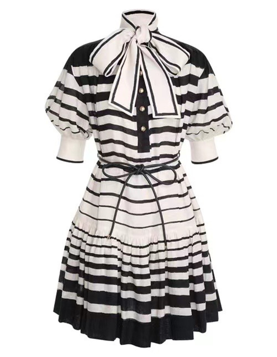European American fashion brand dress stand collar lace up waist lotus leaf hem black and White Stripe Print color matching dress, Multi
European American fashion brand dress stand collar lace up waist lotus leaf hem black and White Stripe Print color matching dress, Multi