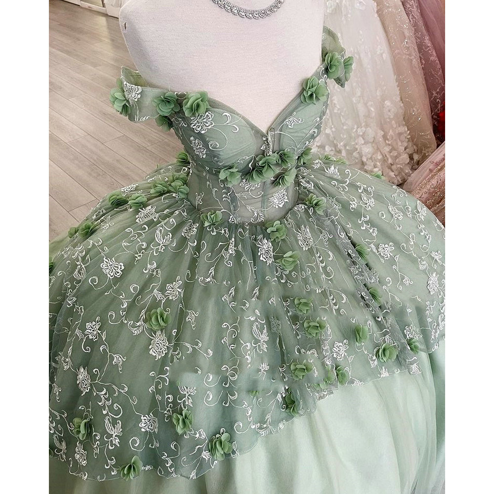 Mint Green Floral Lace Handmade Flowers Quinceanera Dresses lace-up corset Off The Shoulder Tiered Corset For Sweet 15 Girls Party