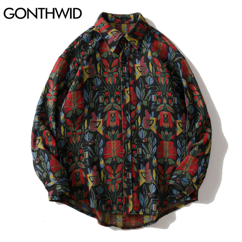 GONTHWID Southwestern Aztec Tribal Indian Button Shirts Streetwear Hip Hop Casual Flowers Patterned Long Sleeve Shirt Coats Tops 220322
