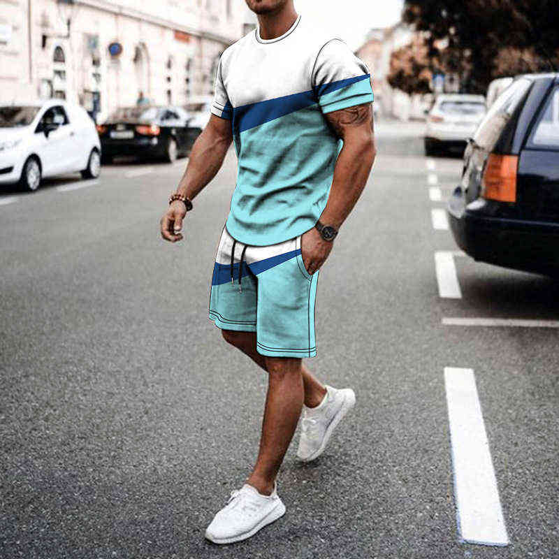 Summer Men Sets Tshirt Outfits Beach Shorts Male Tracksuit Set Men's Fashion Stitching Color 2 Pieces Tops And Breathable Y220506