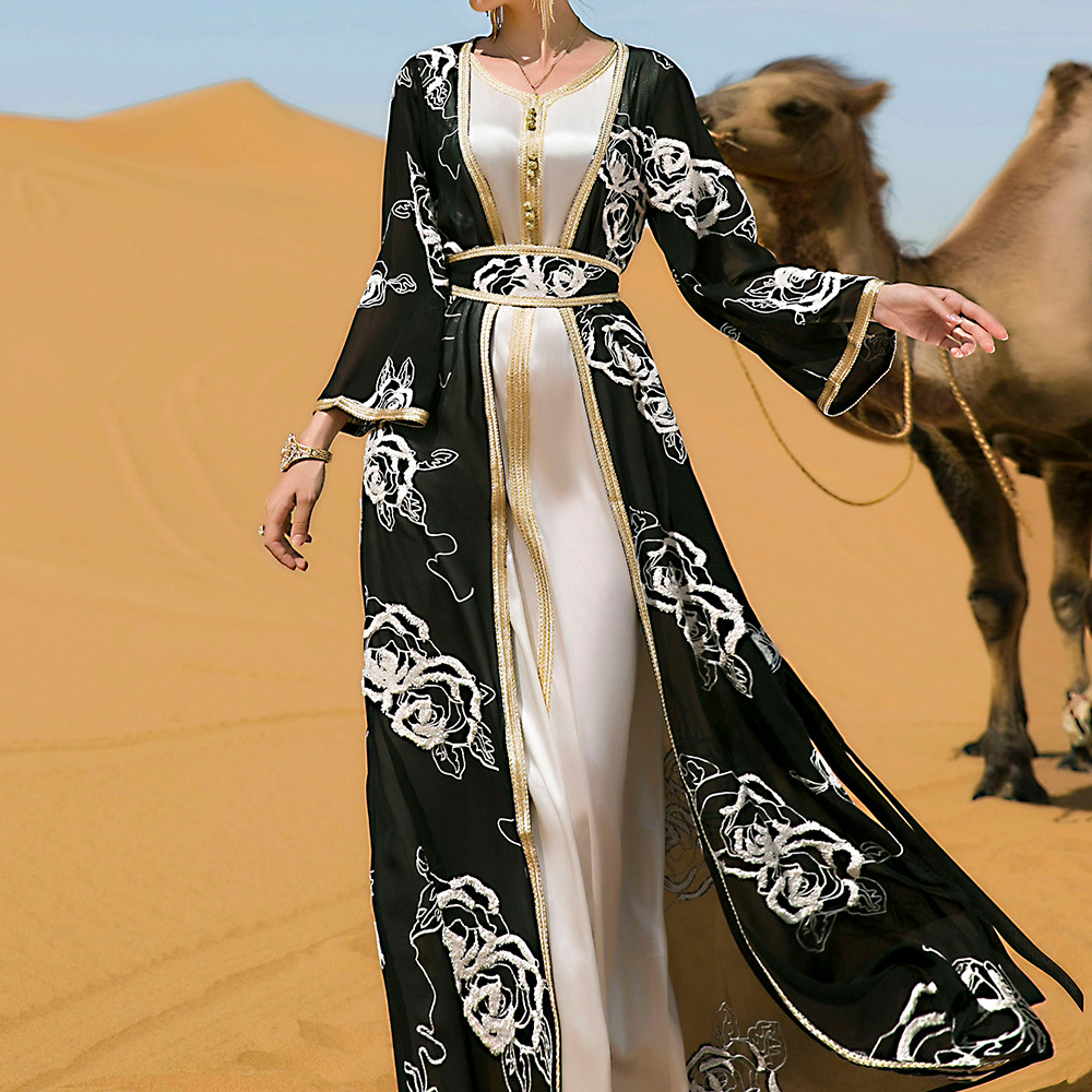 Elegant Black Two Pieces Evening Dress 2022 Dubai Long Sleeve Arabic Long Prom Dresses With Belt Vintage Women Formal Party Gown Vestidos De Noche Lar