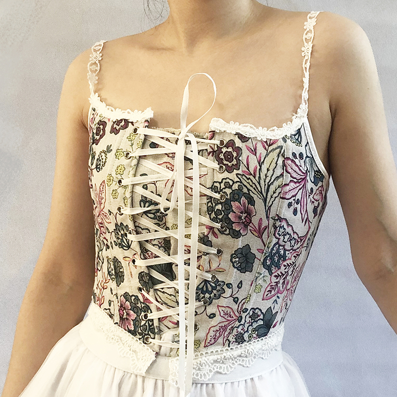 Women Floral Lace Camis Cropped Corset Fashion Linen Flower Printed Tanks Vintage Plastic Boned Overbust Bustier Tupe Tops Cyber Baby Tee Ropa Fairyco