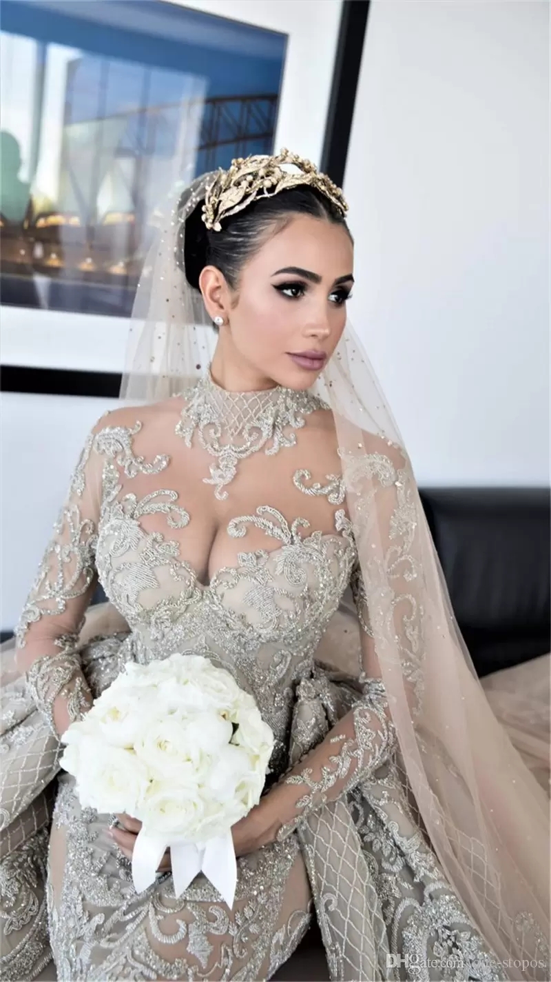 2022 Crystal Beaded High Neck Mermaid Wedding Dresses with Detachable Train Sexy Plus Size Long Sleeves Arabic Muslim Bridal Gown