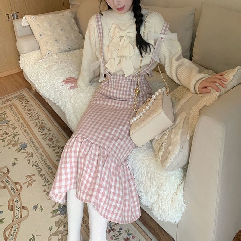 HOUZHOU Kawaii Woolen Pink Plaid Mermaid Skirt Women Autumn Japanese Sweet Elegant High Waist Slim Strap Long Skirts Soft Girl 220322