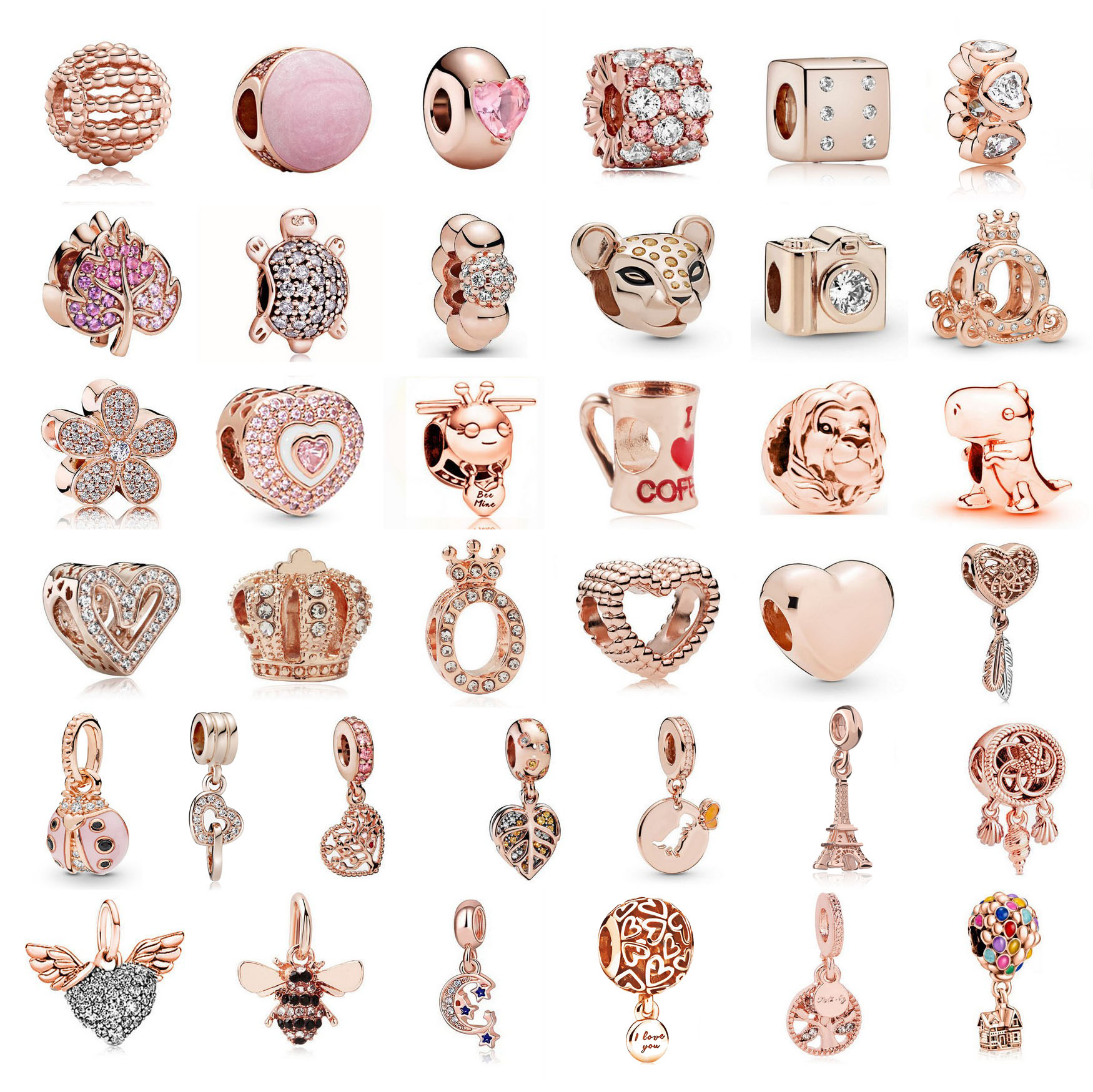 New Popular 925 Sterling Silver Rose Gold Mosaic Crown Heart Coffee Pendant Beads for Original Charm Bracelet DIY Women Fashion Accessories Jewelry Gifts