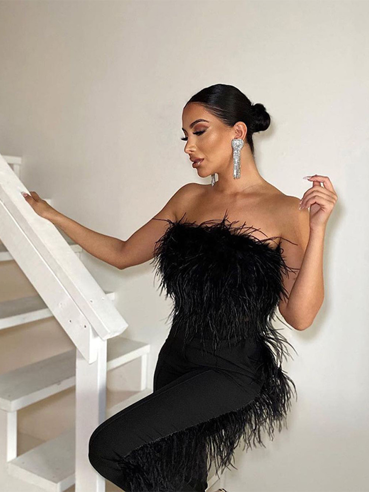 Sexy Furry Crop Top Camis Women Ostrich Feather Tank Tunic Vest Sleeveless Bra Night Club Party Female Tube Cropped Tops 220316