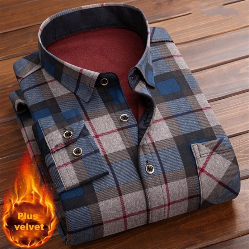 Classic Men Plaind Shirt Autumn Winter Thicken Fleece Business Long Sleeve Turn Down Collar s Blouse 220322