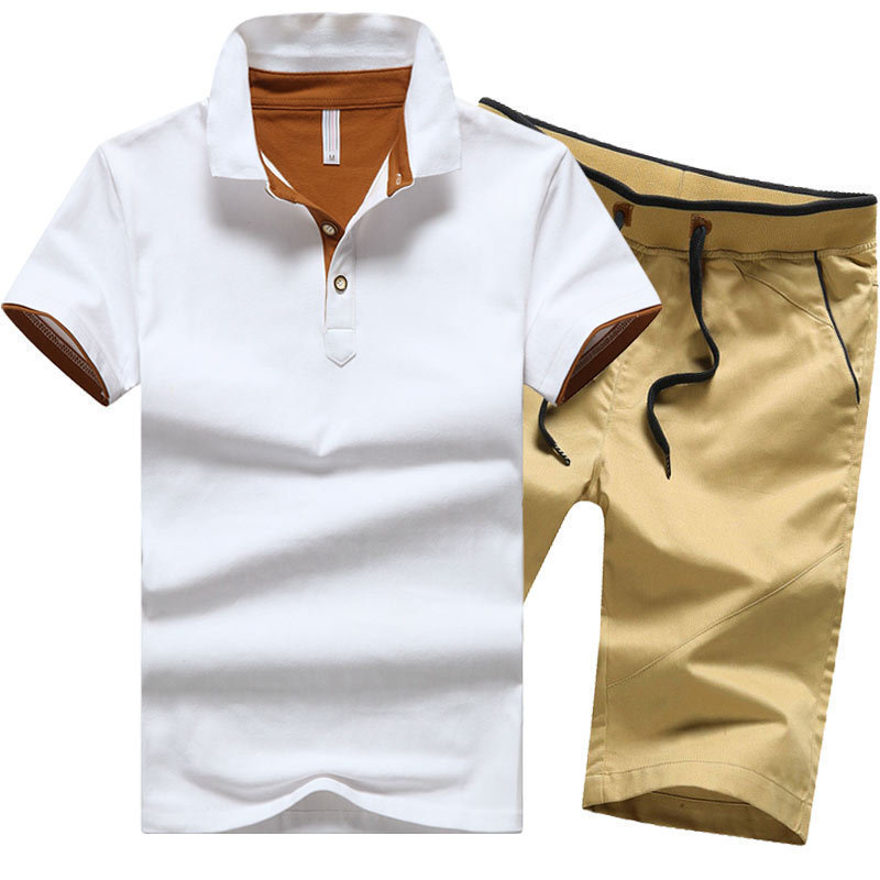 Man Polo Shirt Set 95% Cotton Summer White Grey Navy Black Male Quality Short Sleeve Knee Length Men Polo-shirts Shorts Suit 220317