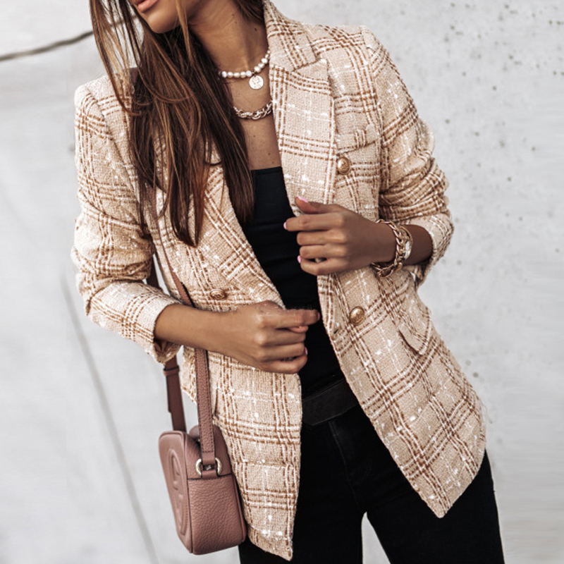 Women Long Casual Blazer Jacket Spring Autumn Fashion Double Breasted Tweed Check Print Coat Vintage Pocket Outerwear 220331