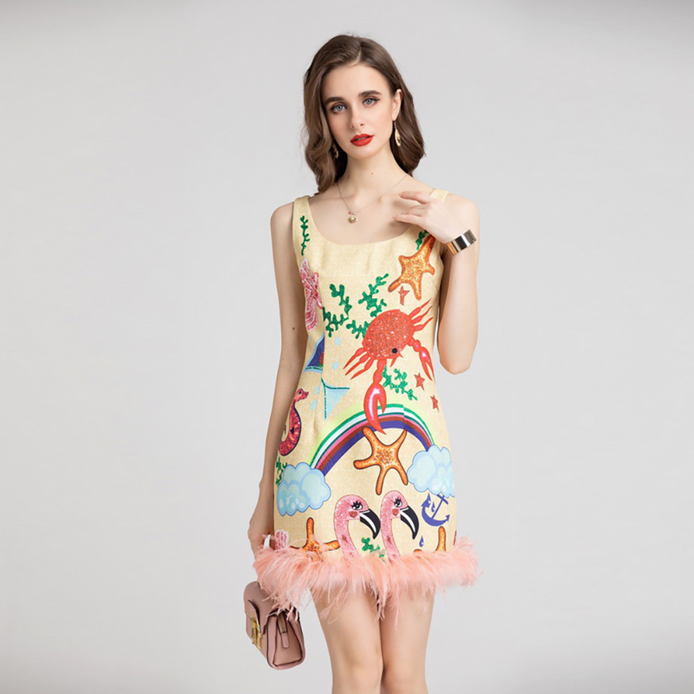 Retro animal print hot diamond feather stitching fashion short skirt dress European and American style summer women' new 2022, Yellow
Retro animal print hot diamond feather stitching fashion short skirt dress European and American style summer women' new 2022, Yellow