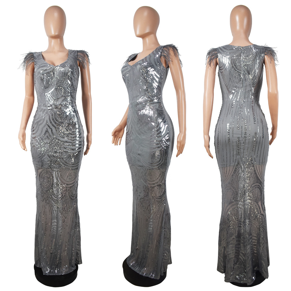 Glitter Gray Sequin Evening Dress Sexy V Neck Mermaid Prom Dresses With Feather 2022 Plus Size Bling Women Formal Vestidos Gown Arabic Special Event P
