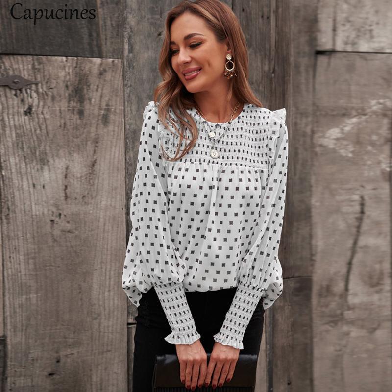 Women's Blouses & Shirts Capucines Ruffle Trim Wave Point Printed Chiffon Summer Bishop Sleeve O Neck Tops Fashion Blusas Women Clothing 202, White
Women's Blouses & Shirts Capucines Ruffle Trim Wave Point Printed Chiffon Summer Bishop Sleeve O Neck Tops Fashion Blusas Women Clothing 202, White
