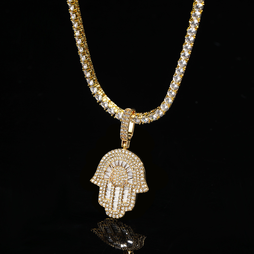 Cubic Zirconia Hand of Fatima Pendant Necklace - Unisex Hip Hop Jewelry, Platinum-Plated, Gift Idea