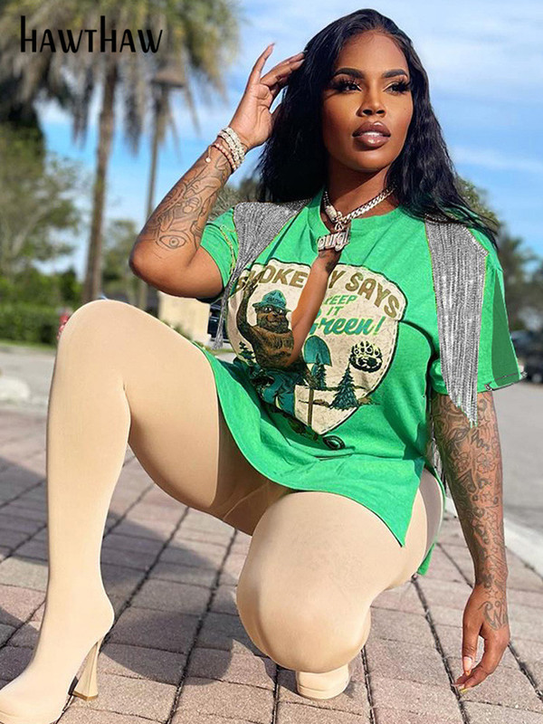 Hawthaw Women V Neck Letter Print Short Sleeve Graphic T Shirt Tops Tees Blouse Summer Clothes Wholesale Items Streetwear 220527