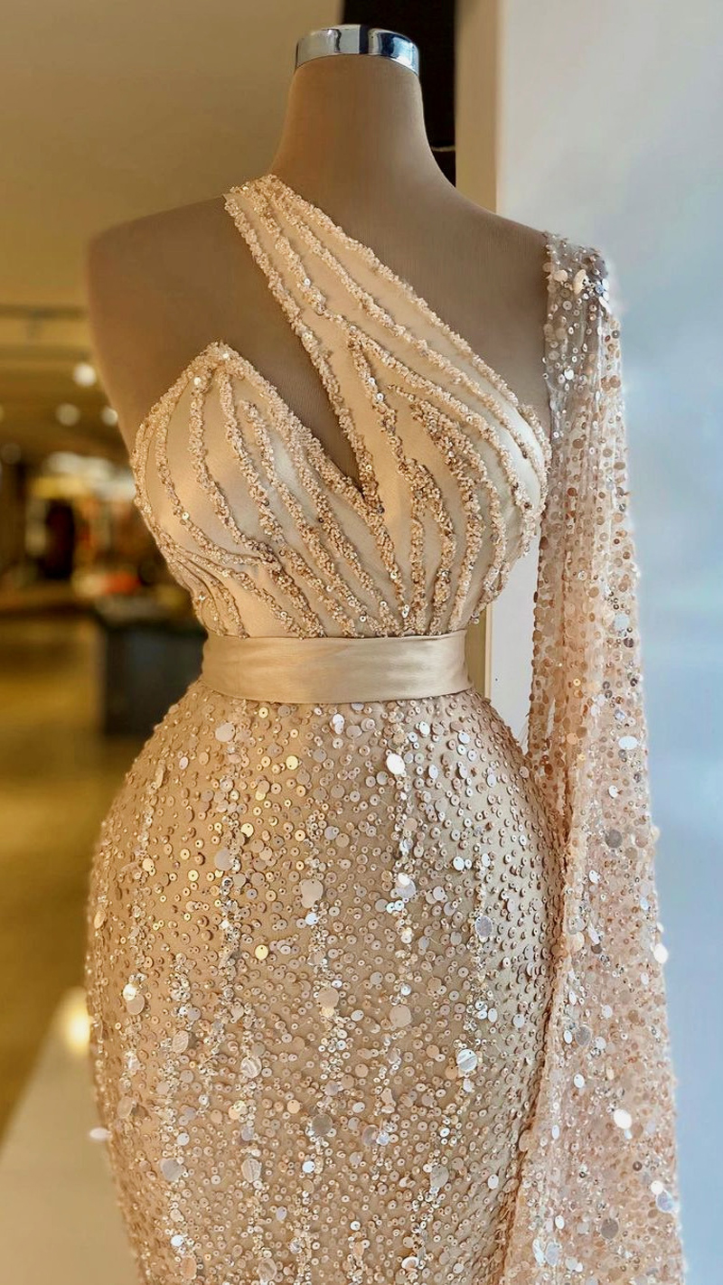 Luxury Elegant Mermaid Prom Dresses One Shoulder Sequins Shiny Feathers Women Evening Party Gowns Plus Size Custom Made