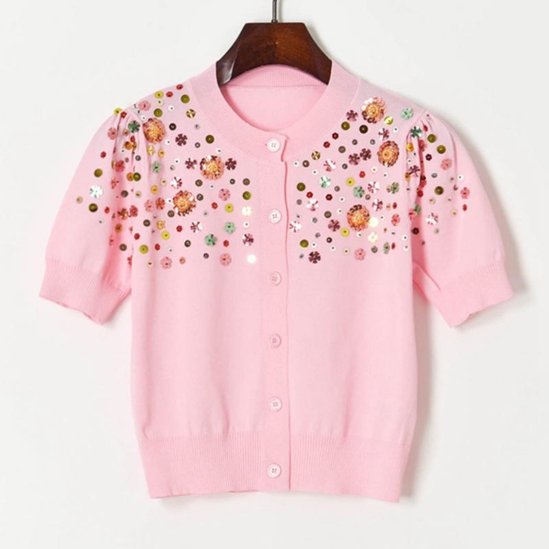 Women' Knits & Tees Beading Sequins Floral Thin Cardigan Puff Sleeve O-neck Knitting Shirts For Women Sweet Kawaii Blouses Woman Tops Tshir, Pink
Women' Knits & Tees Beading Sequins Floral Thin Cardigan Puff Sleeve O-neck Knitting Shirts For Women Sweet Kawaii Blouses Woman Tops Tshir, Pink